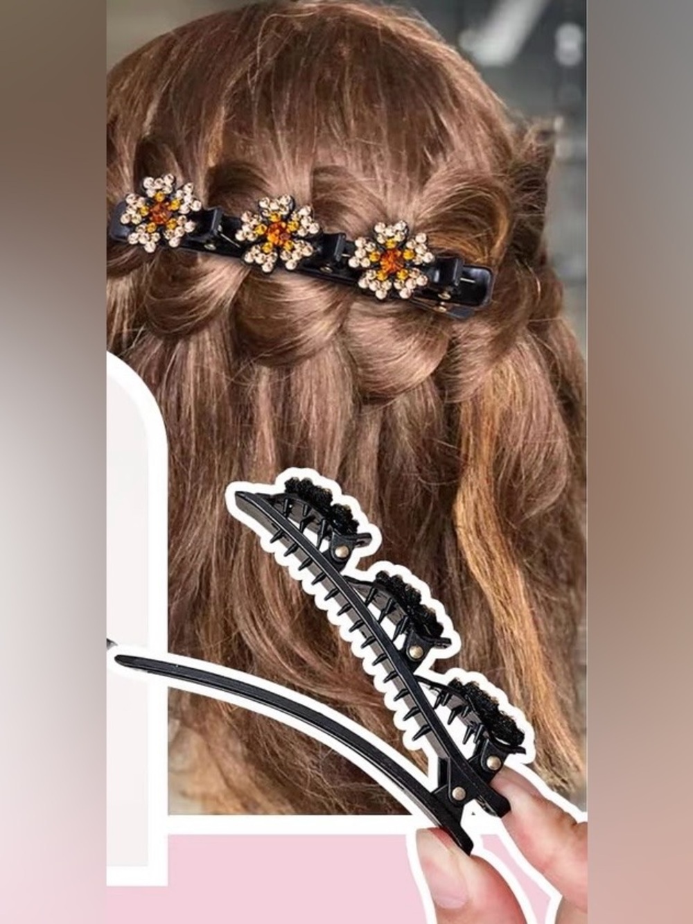 Anthropologie Pink Crystal Floral Barrette on Black Base - Picture 4 of 6